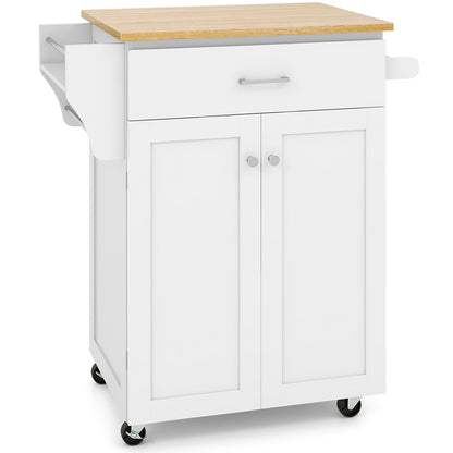 Rolling Kitchen Island Cart with Storage Cabinet, Spice Rack, and Locking Wheels - White