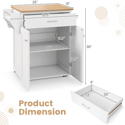 Rolling Kitchen Island Cart with Storage Cabinet, Spice Rack, and Locking Wheels - White