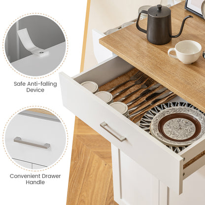 Rolling Kitchen Island Cart with Storage Cabinet, Spice Rack, and Locking Wheels - White