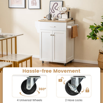 Rolling Kitchen Island Cart with Storage Cabinet, Spice Rack, and Locking Wheels - White