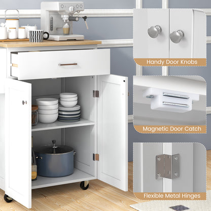 Rolling Kitchen Island Cart with Storage Cabinet, Spice Rack, and Locking Wheels - White