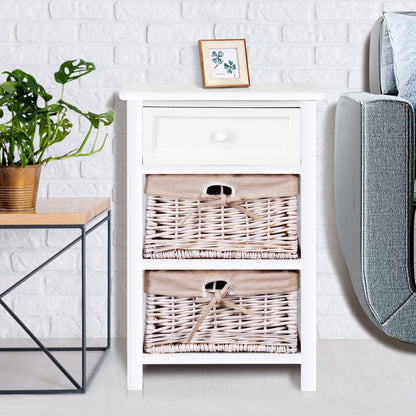 Wooden Storage Nightstand with 1 Drawer and 2 Baskets, Compact Bedside Table – White