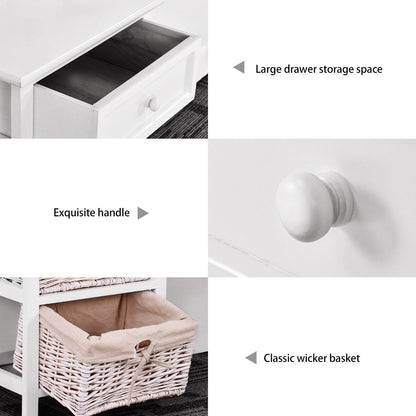 Wooden Storage Nightstand with 1 Drawer and 2 Baskets, Compact Bedside Table – White