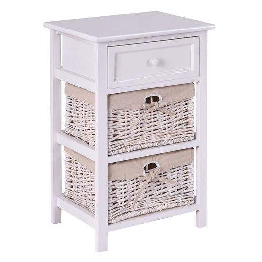 Wooden Storage Nightstand with 1 Drawer and 2 Baskets, Compact Bedside Table – White