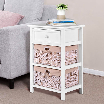 Wooden Storage Nightstand with 1 Drawer and 2 Baskets, Compact Bedside Table – White
