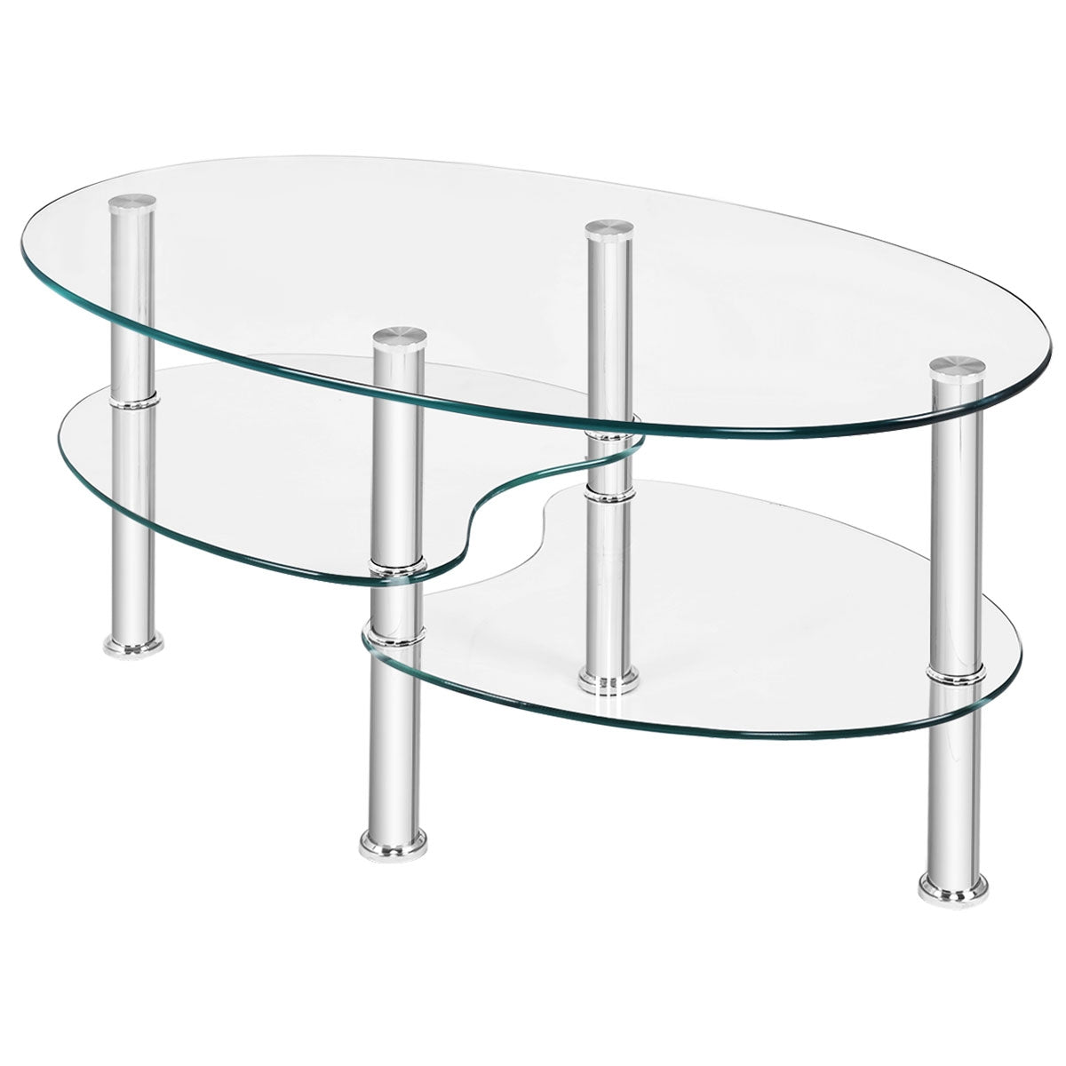 Oval Tempered Glass Coffee Table with Double Storage Shelves and Metal Frame - Transparent