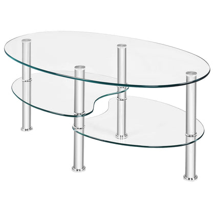 Oval Tempered Glass Coffee Table with Double Storage Shelves and Metal Frame - Transparent