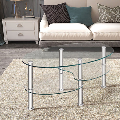 Oval Tempered Glass Coffee Table with Double Storage Shelves and Metal Frame - Transparent