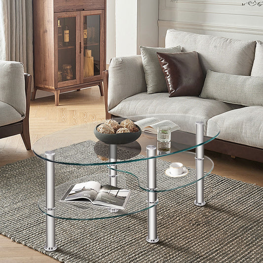 Oval Tempered Glass Coffee Table with Double Storage Shelves and Metal Frame - Transparent