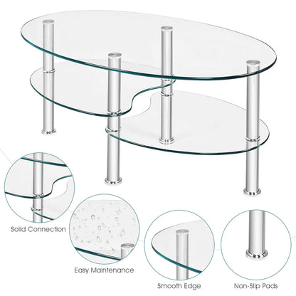 Oval Tempered Glass Coffee Table with Double Storage Shelves and Metal Frame - Transparent