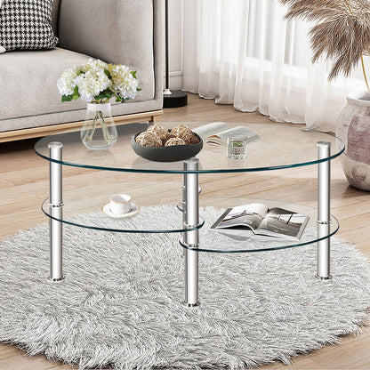 Oval Tempered Glass Coffee Table with Double Storage Shelves and Metal Frame - Transparent