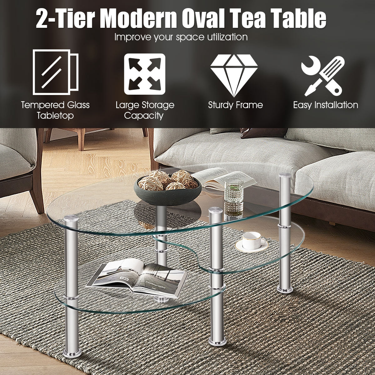 Oval Tempered Glass Coffee Table with Double Storage Shelves and Metal Frame - Transparent