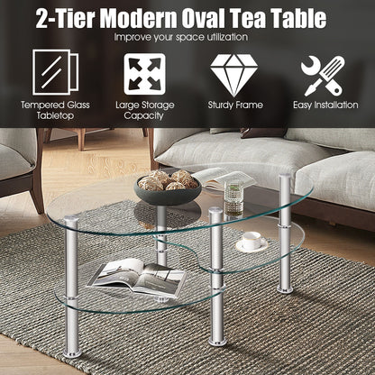 Oval Tempered Glass Coffee Table with Double Storage Shelves and Metal Frame - Transparent