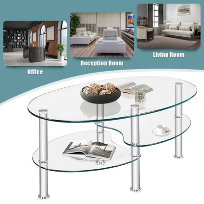 Oval Tempered Glass Coffee Table with Double Storage Shelves and Metal Frame - Transparent