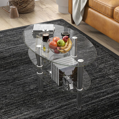 Oval Tempered Glass Coffee Table with Double Storage Shelves and Metal Frame - Transparent