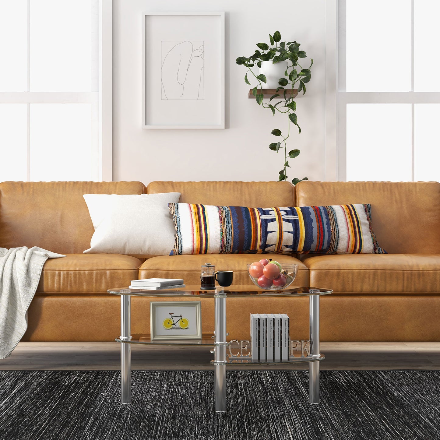 Oval Tempered Glass Coffee Table with Double Storage Shelves and Metal Frame - Transparent