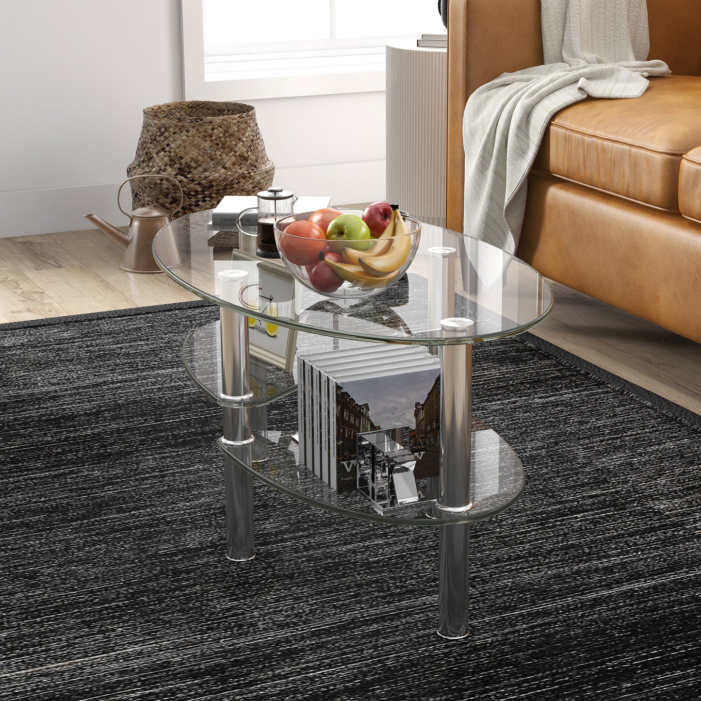 Oval Tempered Glass Coffee Table with Double Storage Shelves and Metal Frame - Transparent