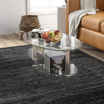 Oval Tempered Glass Coffee Table with Double Storage Shelves and Metal Frame - Transparent