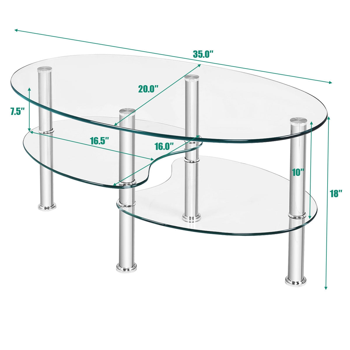 Oval Tempered Glass Coffee Table with Double Storage Shelves and Metal Frame - Transparent