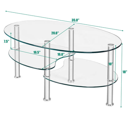 Oval Tempered Glass Coffee Table with Double Storage Shelves and Metal Frame - Transparent