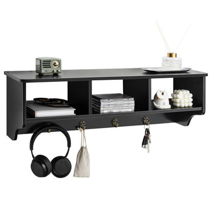 Wall Mounted Entryway Shelf with Storage Cubbies and Coat Hooks for Hallway or Mudroom - Black
