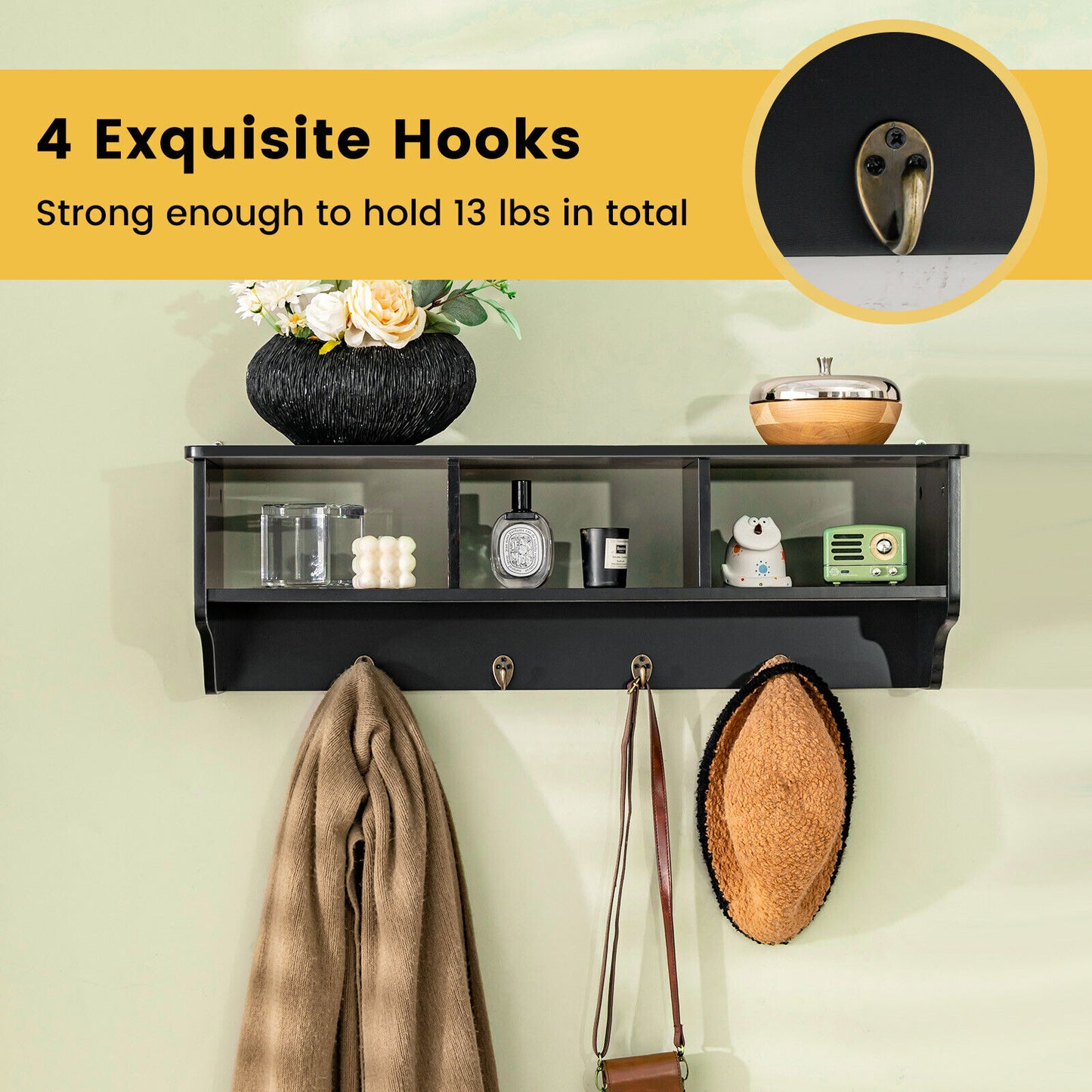 Wall Mounted Entryway Shelf with Storage Cubbies and Coat Hooks for Hallway or Mudroom - Black