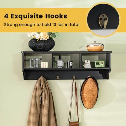 Wall Mounted Entryway Shelf with Storage Cubbies and Coat Hooks for Hallway or Mudroom - Black