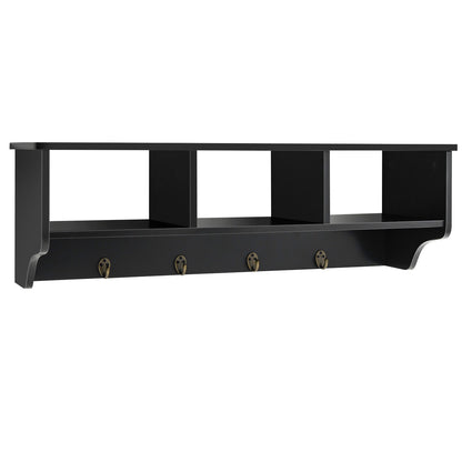 Wall Mounted Entryway Shelf with Storage Cubbies and Coat Hooks for Hallway or Mudroom - Black