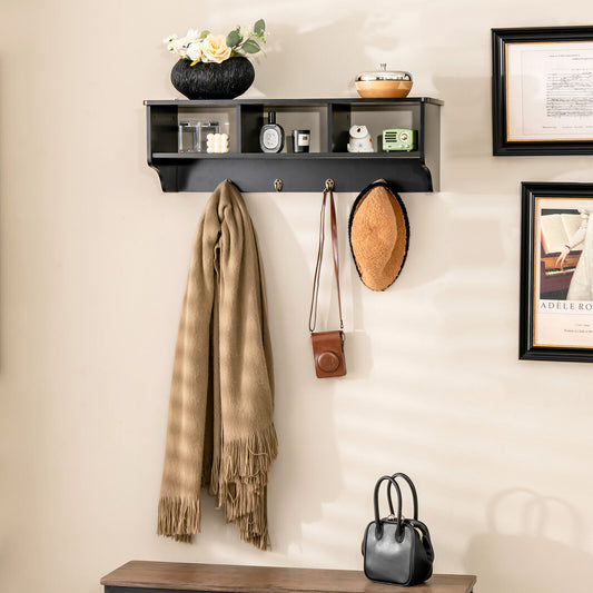 Wall Mounted Entryway Shelf with Storage Cubbies and Coat Hooks for Hallway or Mudroom - Black