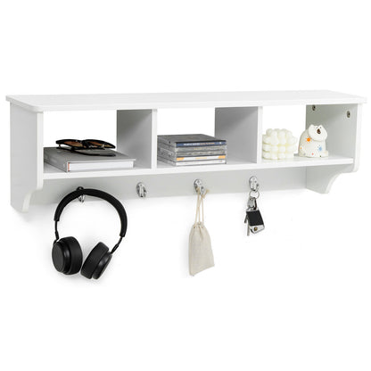 Wall Mounted Entryway Shelf with Storage Cubbies and Coat Hooks for Hallway or Mudroom - White