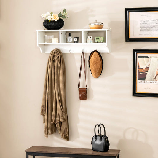 Wall Mounted Entryway Shelf with Storage Cubbies and Coat Hooks for Hallway or Mudroom - White