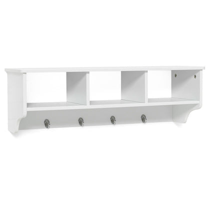 Wall Mounted Entryway Shelf with Storage Cubbies and Coat Hooks for Hallway or Mudroom - White