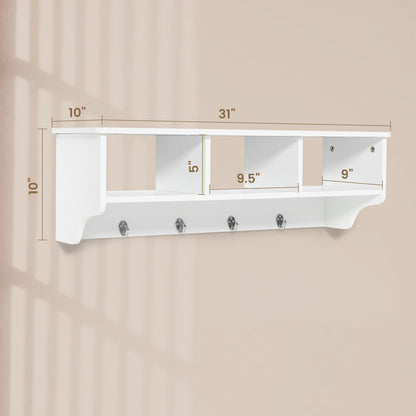 Wall Mounted Entryway Shelf with Storage Cubbies and Coat Hooks for Hallway or Mudroom - White