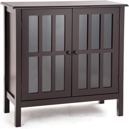 Modern Glass Door Buffet Cabinet with Adjustable Shelves and Storage Drawers - Brown