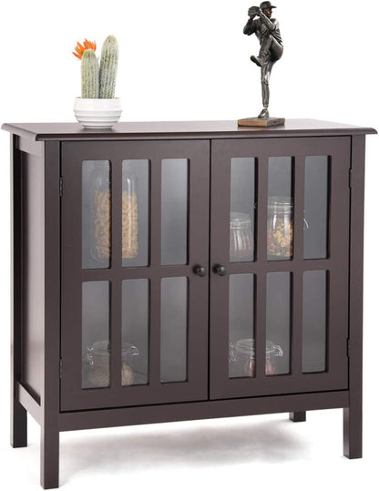 Modern Glass Door Buffet Cabinet with Adjustable Shelves and Storage Drawers - Brown