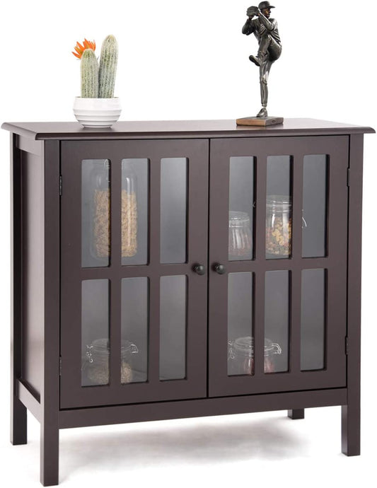 Modern Glass Door Buffet Cabinet with Adjustable Shelves and Storage Drawers - Brown