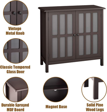 Modern Glass Door Buffet Cabinet with Adjustable Shelves and Storage Drawers - Brown