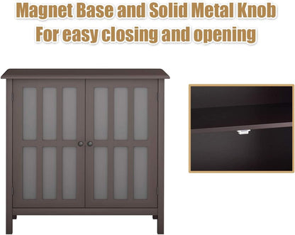 Modern Glass Door Buffet Cabinet with Adjustable Shelves and Storage Drawers - Brown