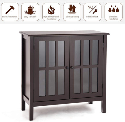 Modern Glass Door Buffet Cabinet with Adjustable Shelves and Storage Drawers - Brown