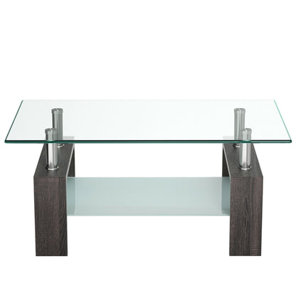 Modern Glass Coffee Table with Lower Shelf and Rectangular Design - Black