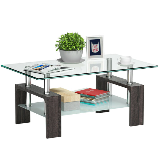 Modern Glass Coffee Table with Lower Shelf and Rectangular Design - Black