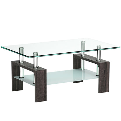 Modern Glass Coffee Table with Lower Shelf and Rectangular Design - Black