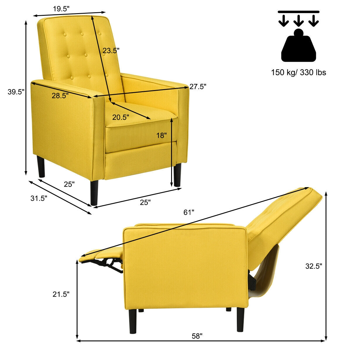 Modern Tufted Push Back Recliner Chair with Wooden Legs in Yellow