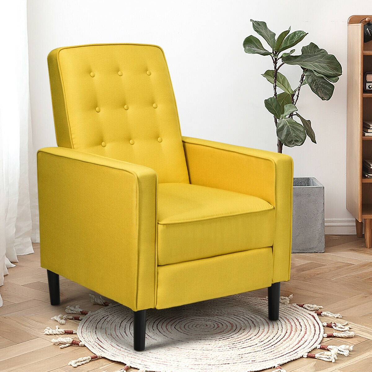 Modern Tufted Push Back Recliner Chair with Wooden Legs in Yellow