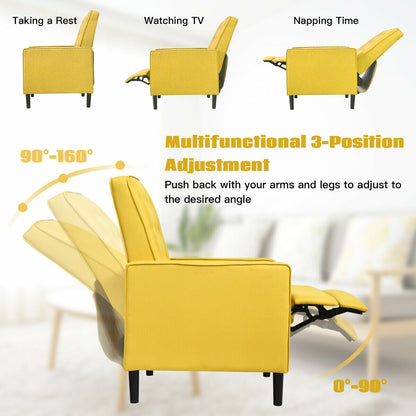 Modern Tufted Push Back Recliner Chair with Wooden Legs in Yellow