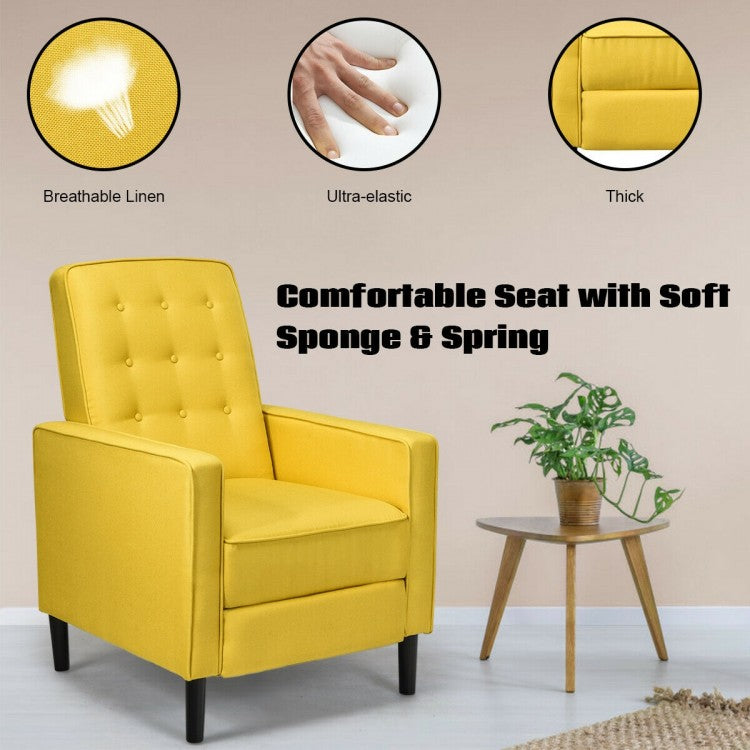 Modern Tufted Push Back Recliner Chair with Wooden Legs in Yellow