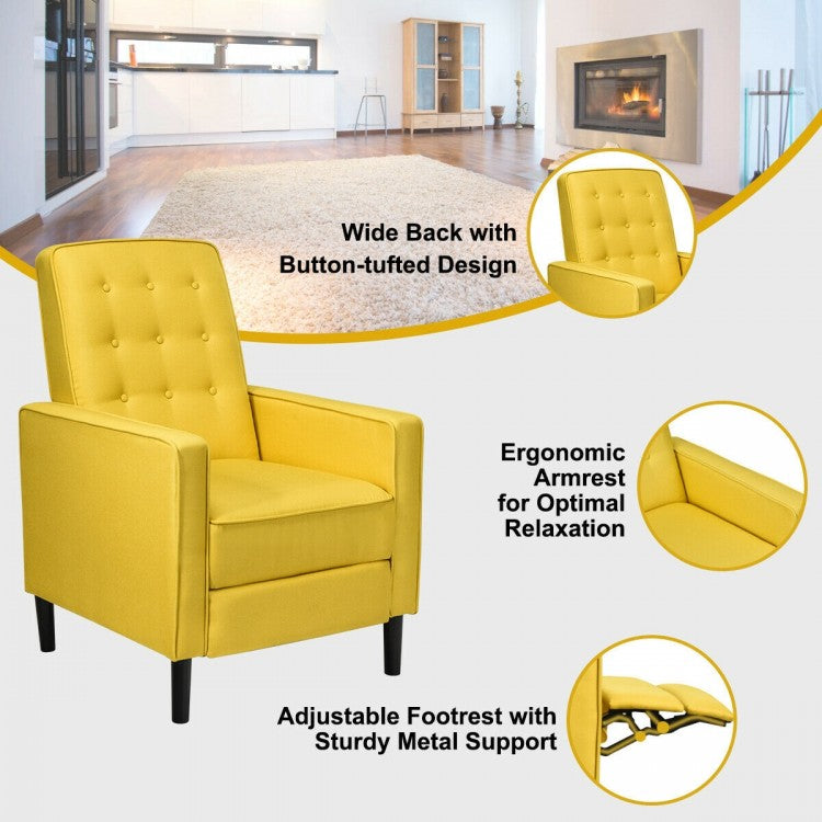 Modern Tufted Push Back Recliner Chair with Wooden Legs in Yellow