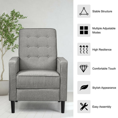 Modern Tufted Push Back Recliner Chair with Wooden Legs in Grey