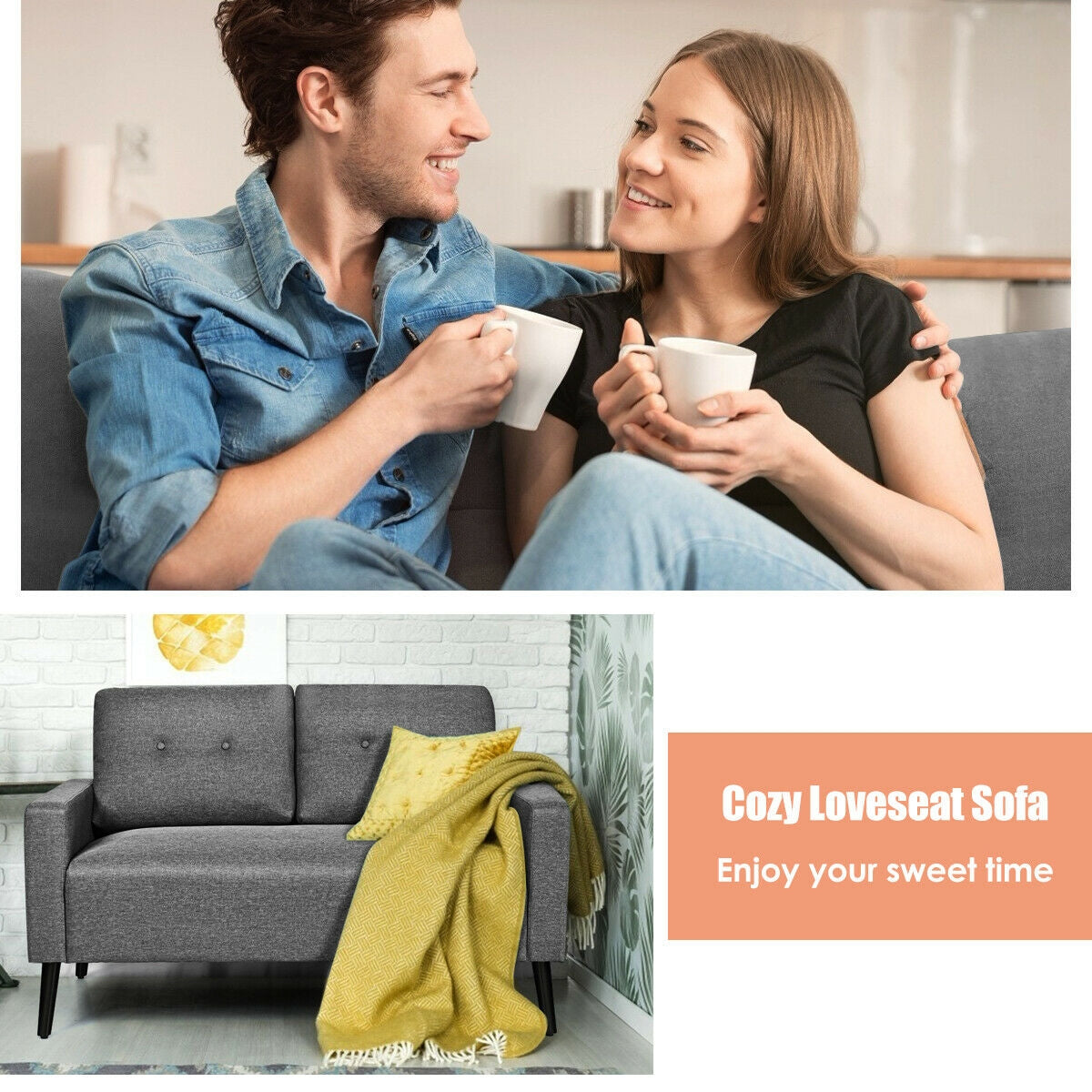 55 Inch Modern Loveseat Sofa with Linen Upholstery and Wooden Legs