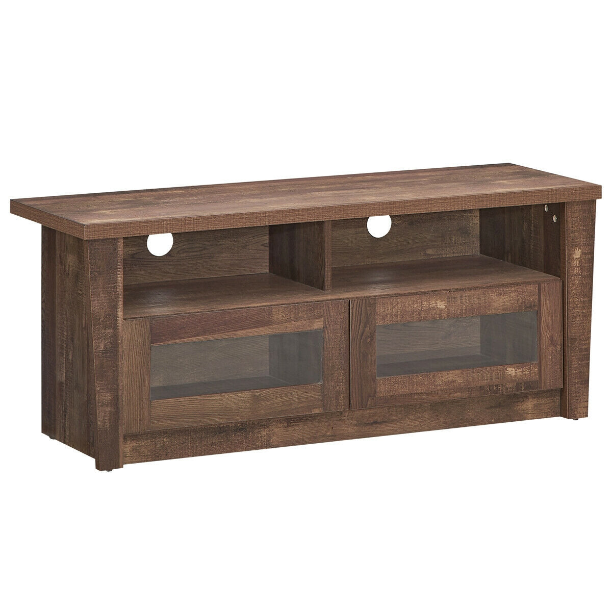 Wood Media Console with Glass Door Cabinets, Open Shelves, and Cable Management for 55 Inch TVs